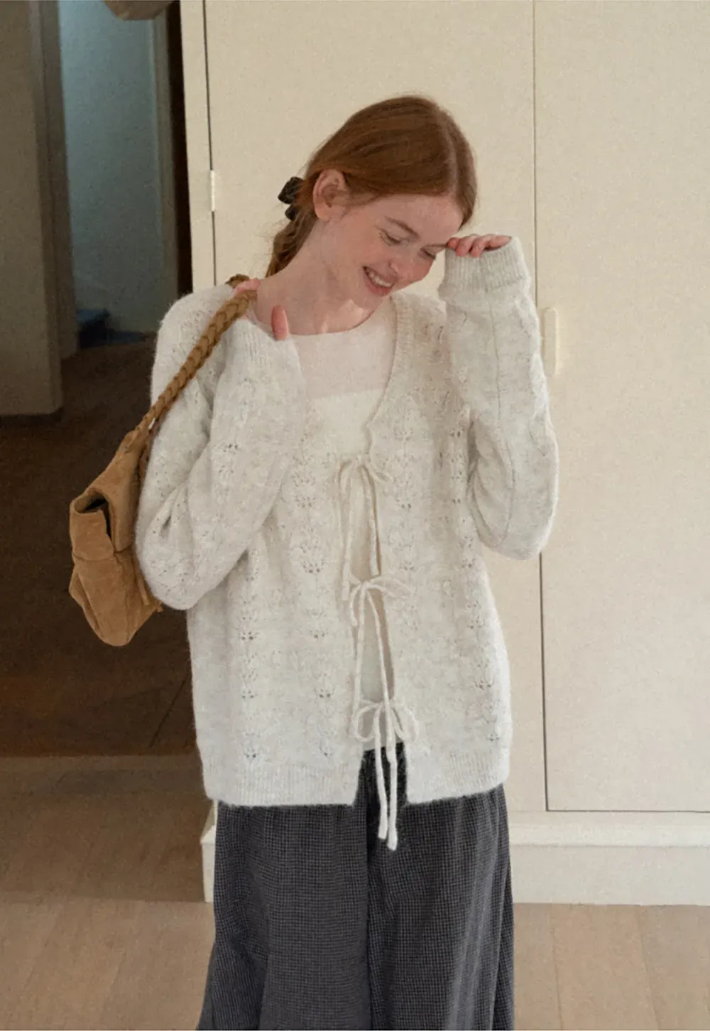 Lace Knit V Neck Drawstring Cardigan Sweater