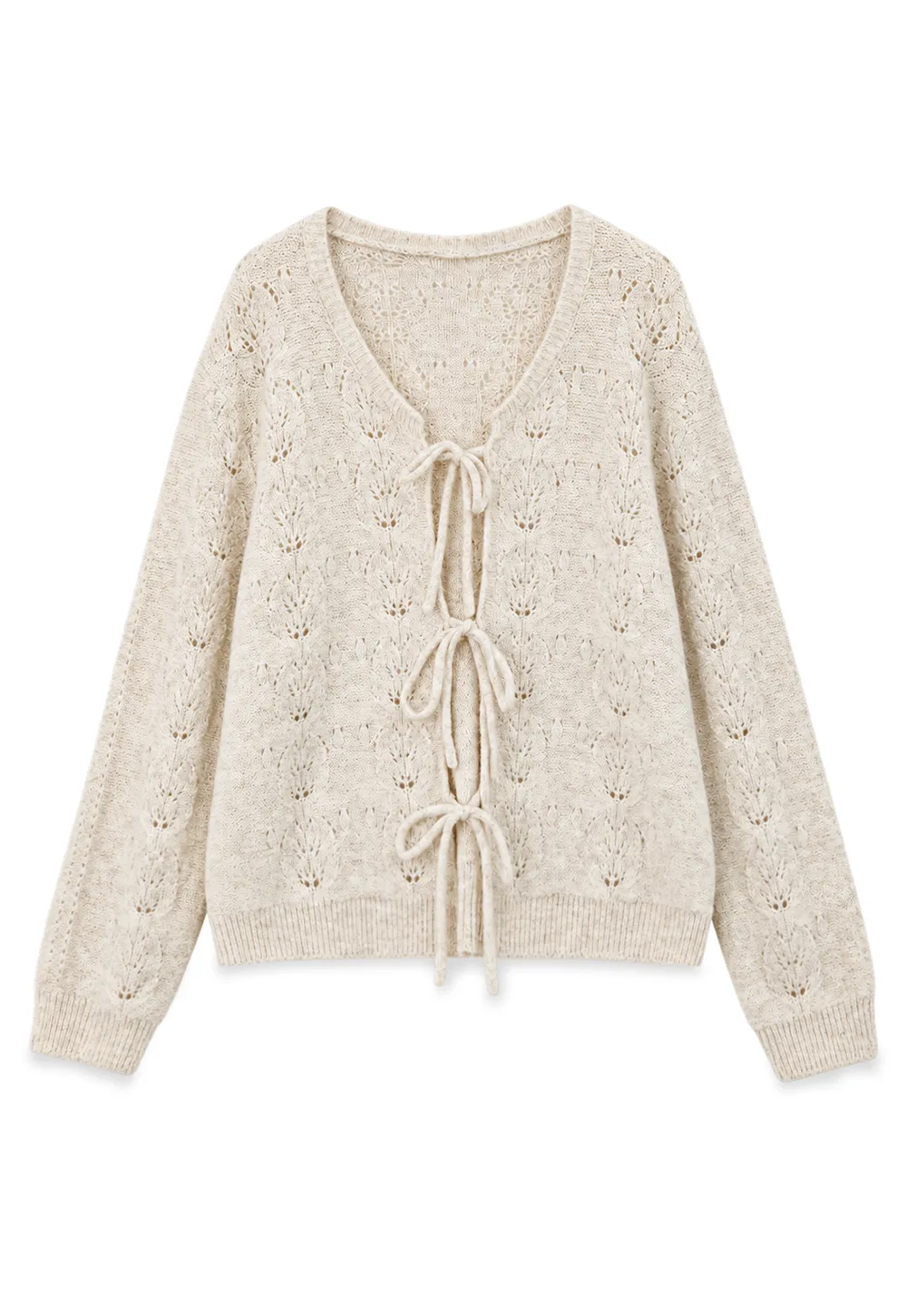 Lace Knit V Neck Drawstring Cardigan Sweater