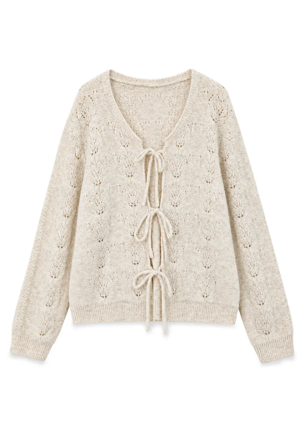 Lace Knit V Neck Drawstring Cardigan Sweater