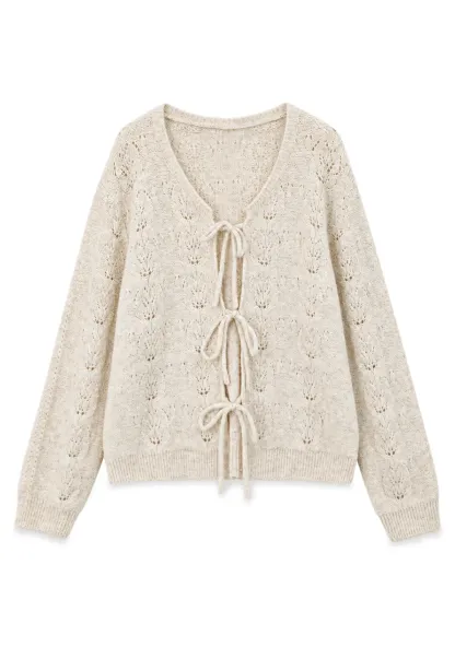 Lace Knit V Neck Drawstring Cardigan Sweater
