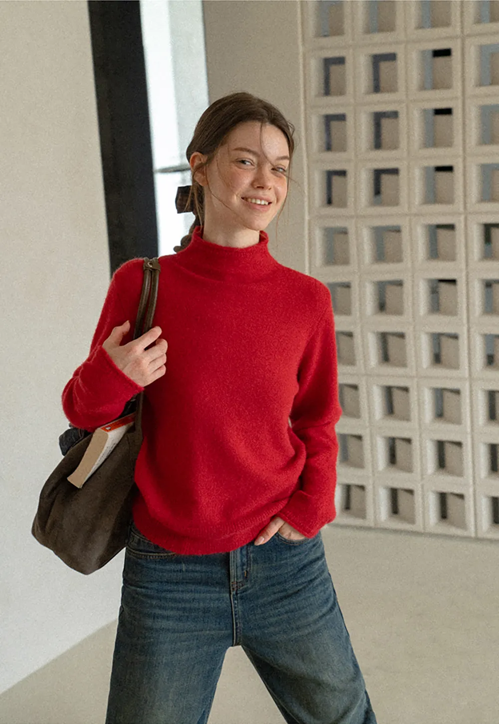 High Neck Ribbed Knit Sweater