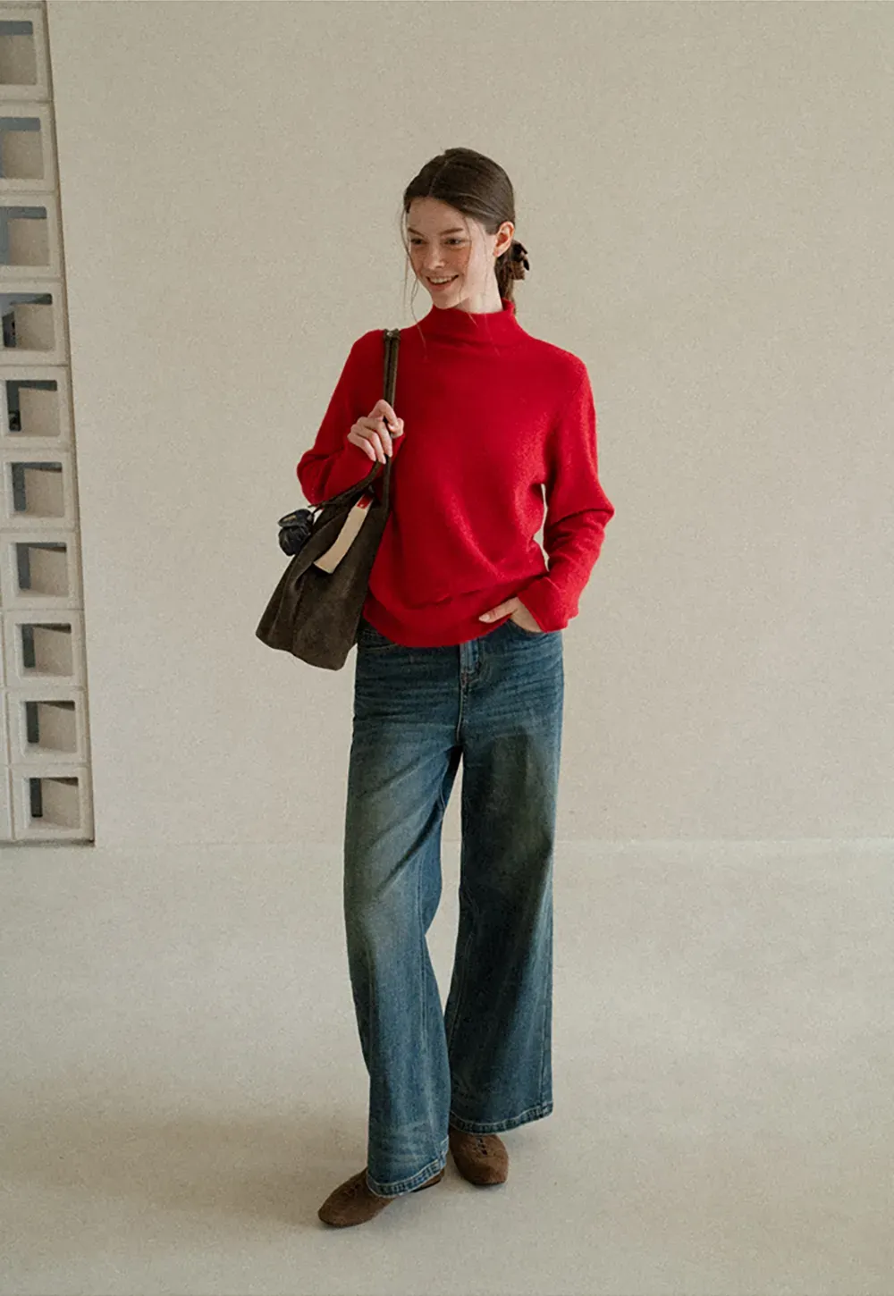 High Neck Ribbed Knit Sweater
