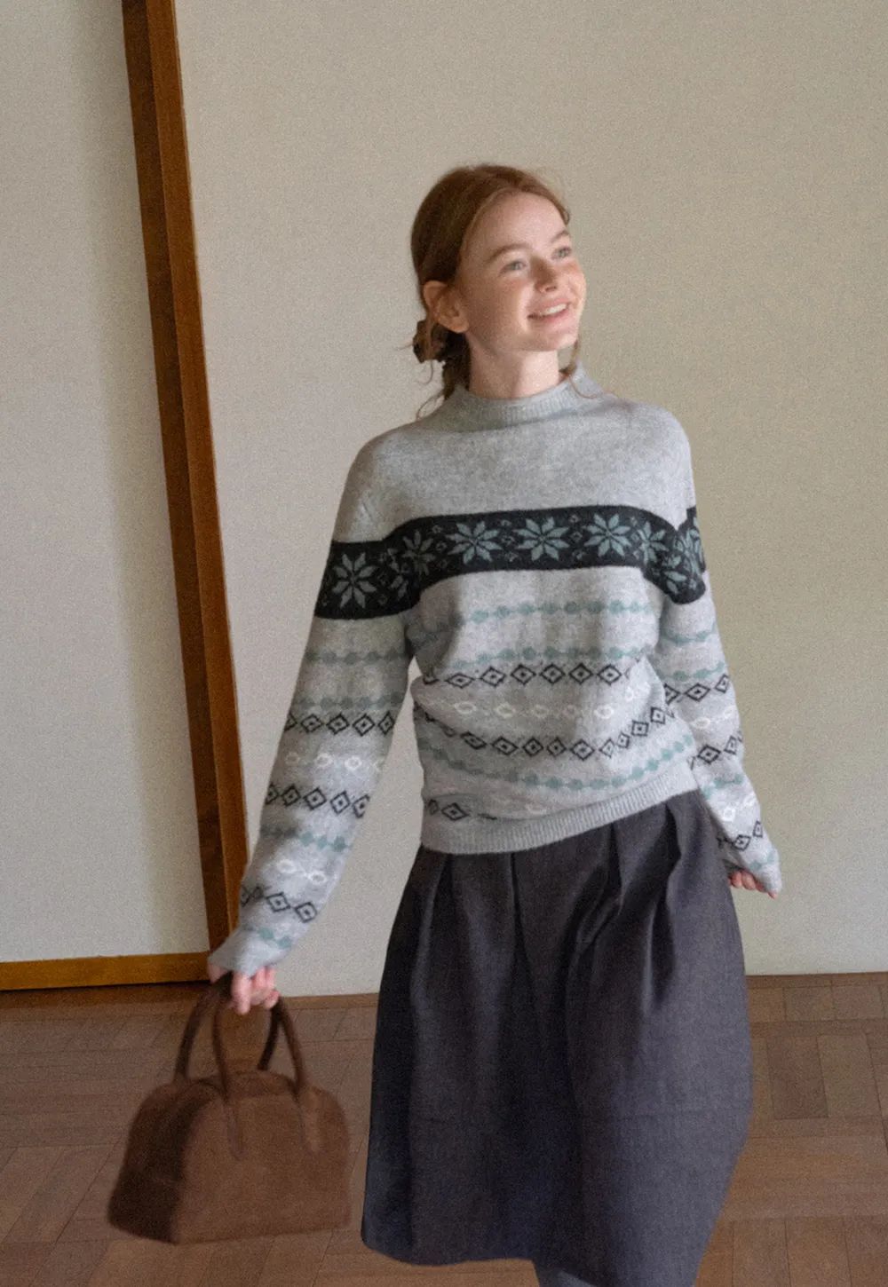 Fair Isle Patterned Half Turtleneck Knit Sweater