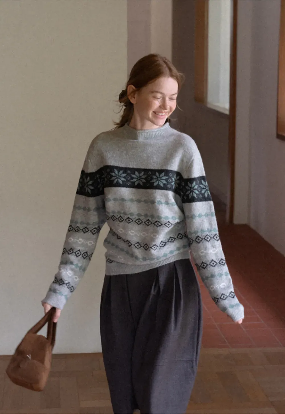 Fair Isle Patterned Half Turtleneck Knit Sweater