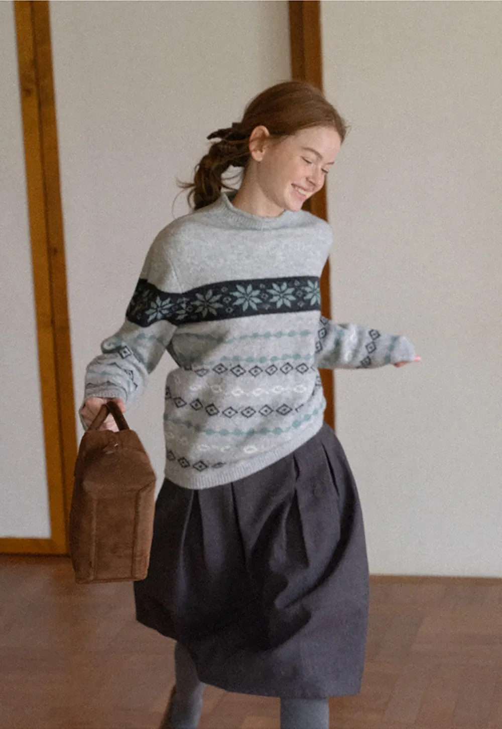 Fair Isle Patterned Half Turtleneck Knit Sweater