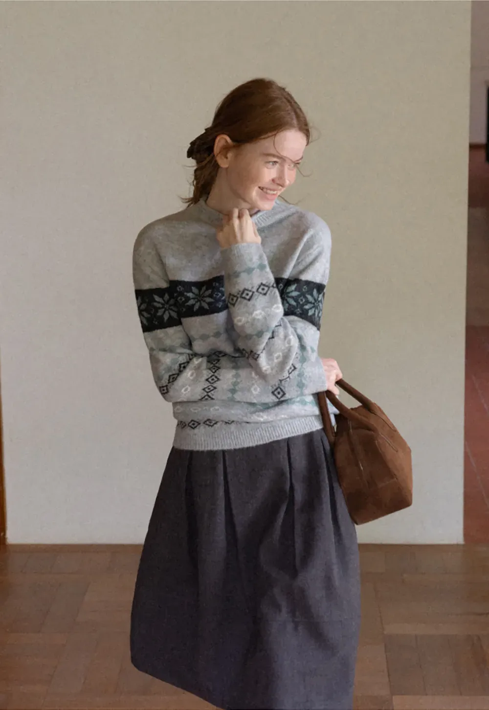Fair Isle Patterned Half Turtleneck Knit Sweater