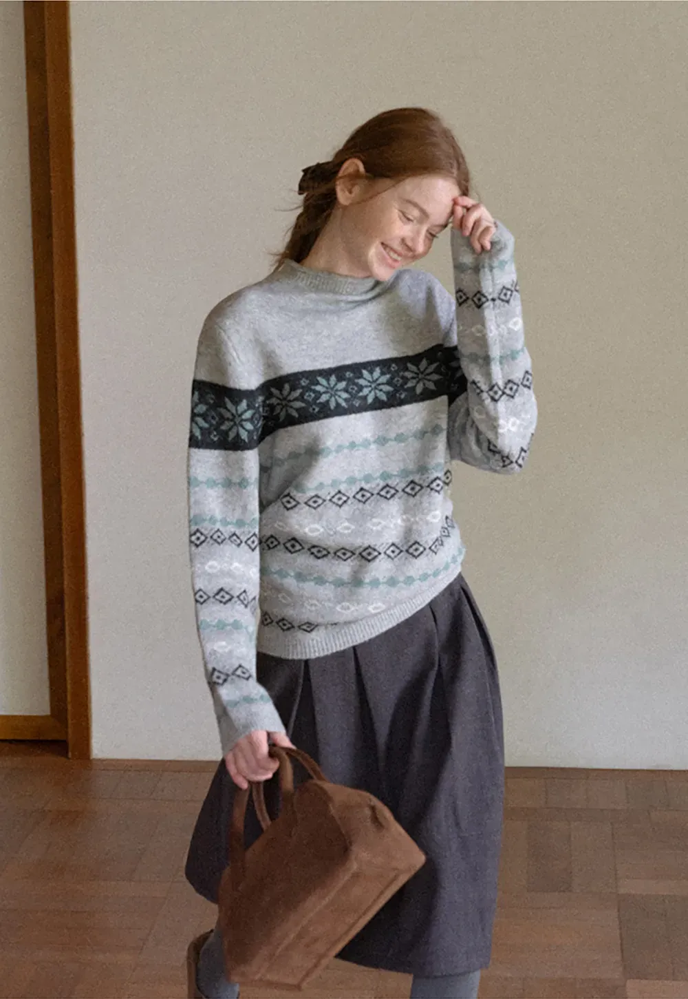 Fair Isle Patterned Half Turtleneck Knit Sweater