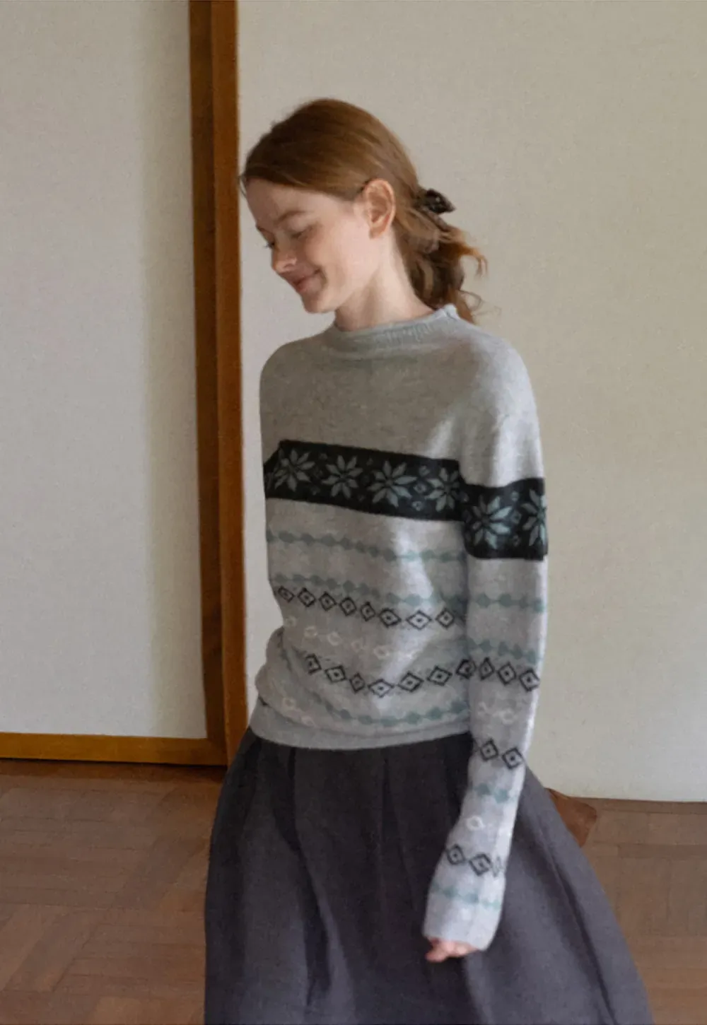 Fair Isle Patterned Half Turtleneck Knit Sweater