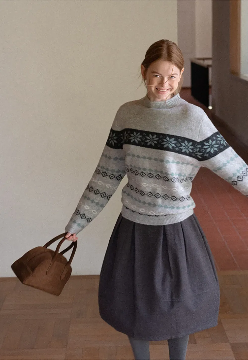 Fair Isle Patterned Half Turtleneck Knit Sweater