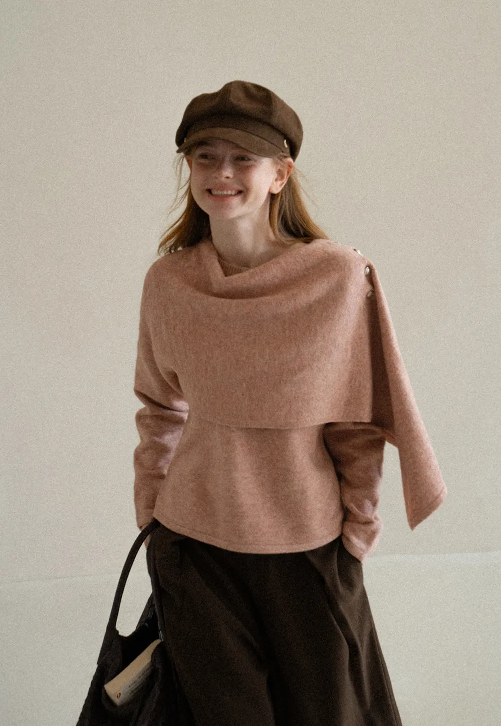 Asymmetrical Draped Cowl Neck Knit Sweater