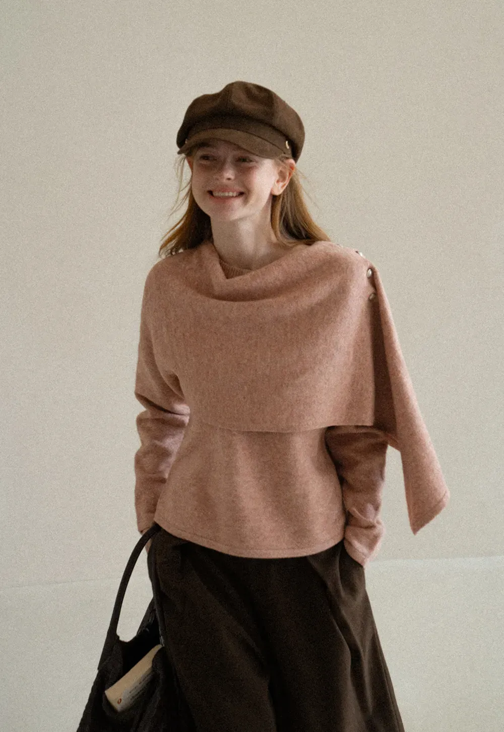 Asymmetrical Draped Cowl Neck Knit Sweater