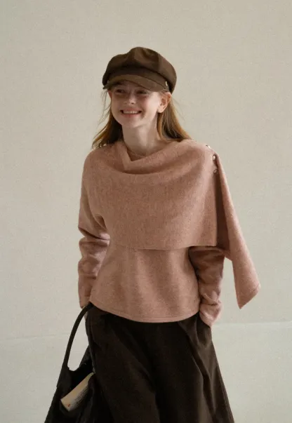 Asymmetrical Draped Cowl Neck Knit Sweater