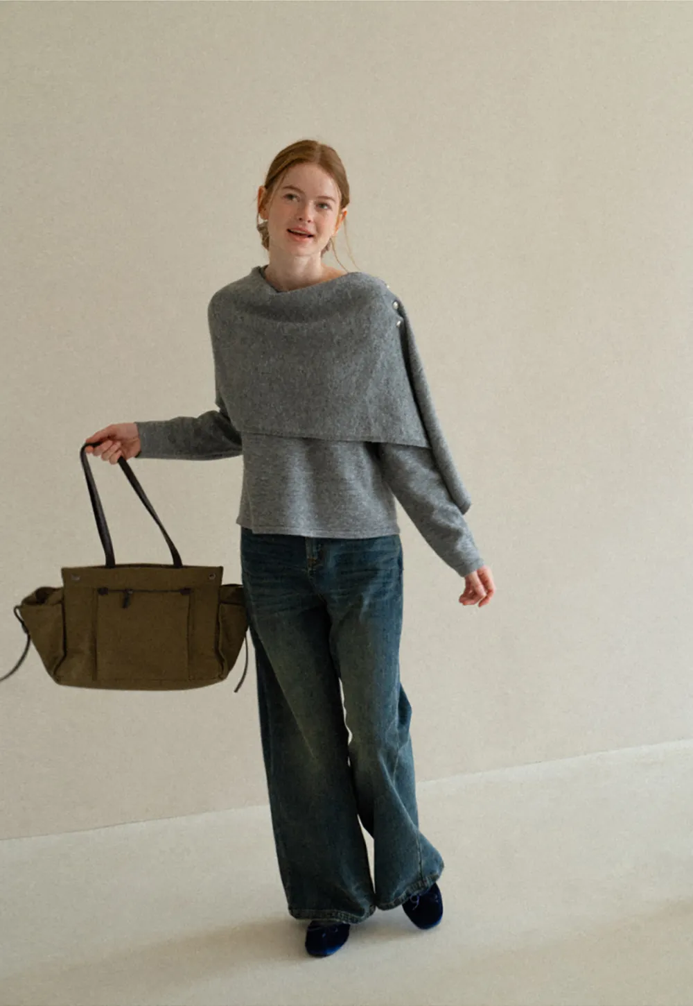 Asymmetrical Draped Cowl Neck Knit Sweater