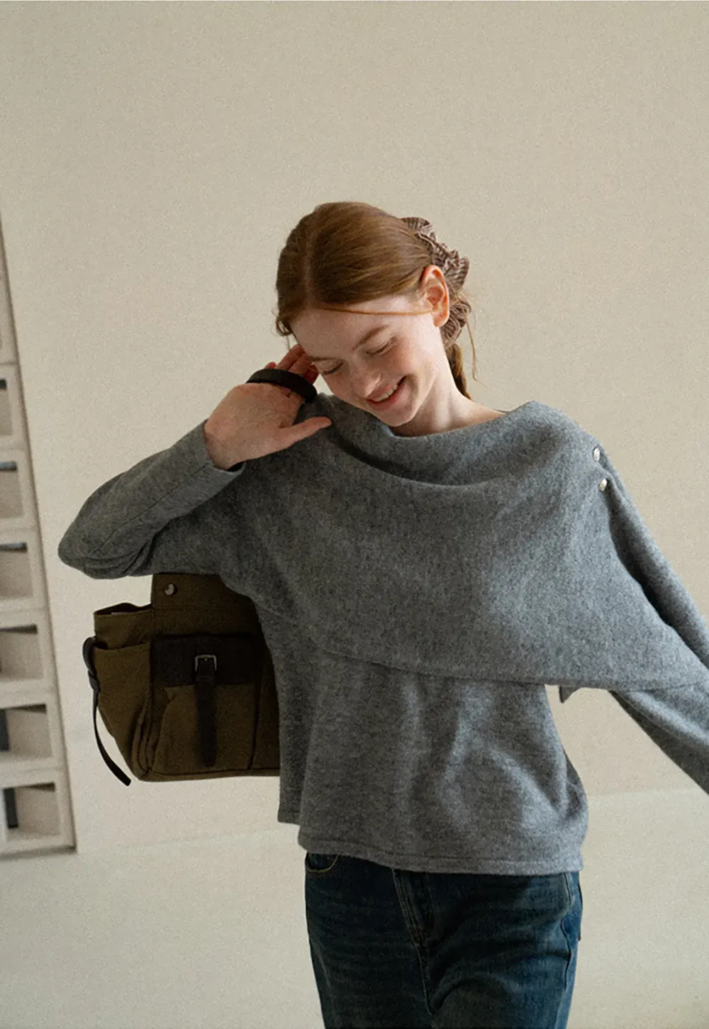 Asymmetrical Draped Cowl Neck Knit Sweater