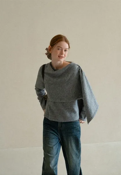 Asymmetrical Draped Cowl Neck Knit Sweater
