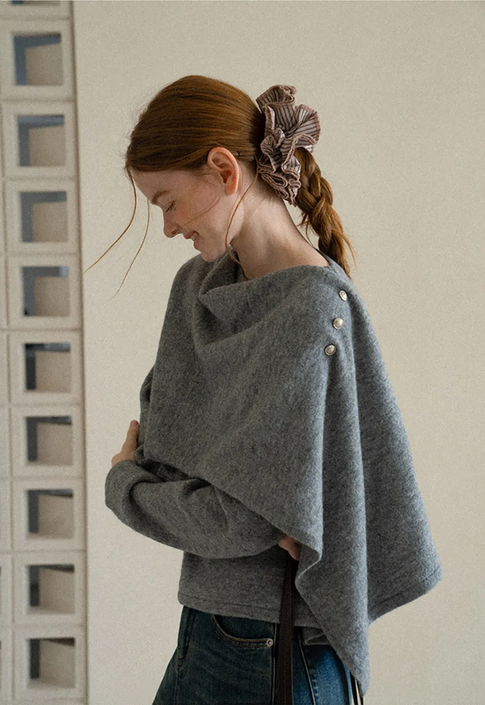 Asymmetrical Draped Cowl Neck Knit Sweater