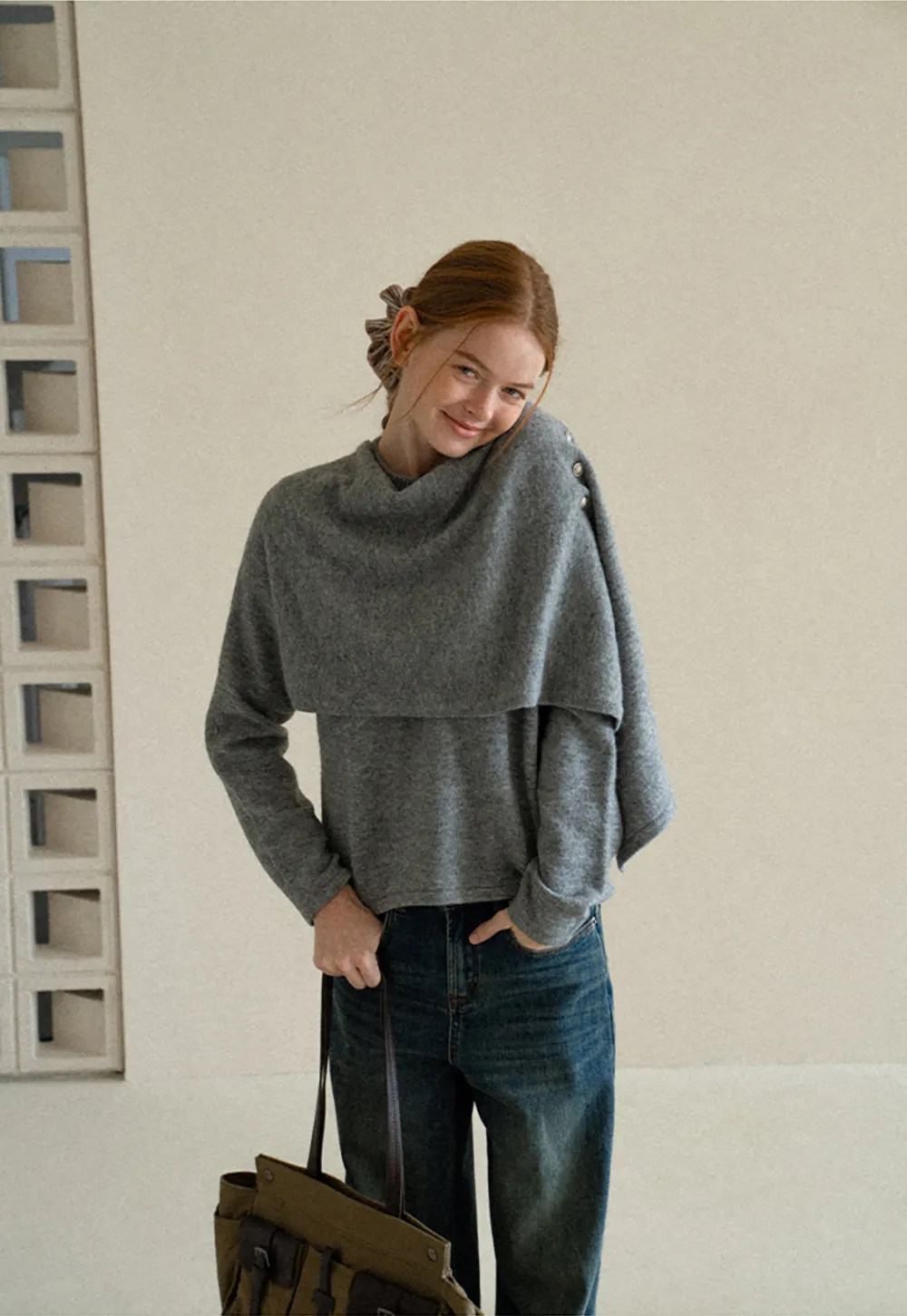 Asymmetrical Draped Cowl Neck Knit Sweater