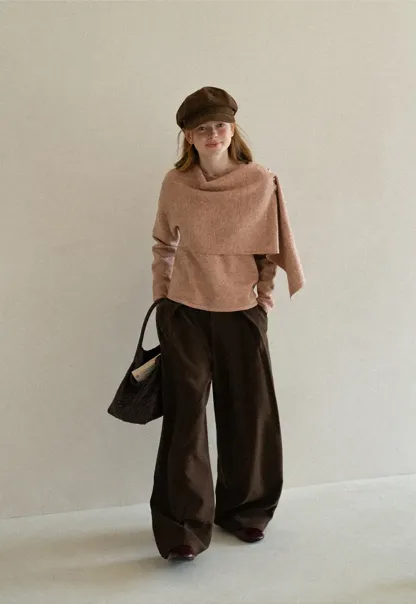 Asymmetrical Draped Cowl Neck Knit Sweater