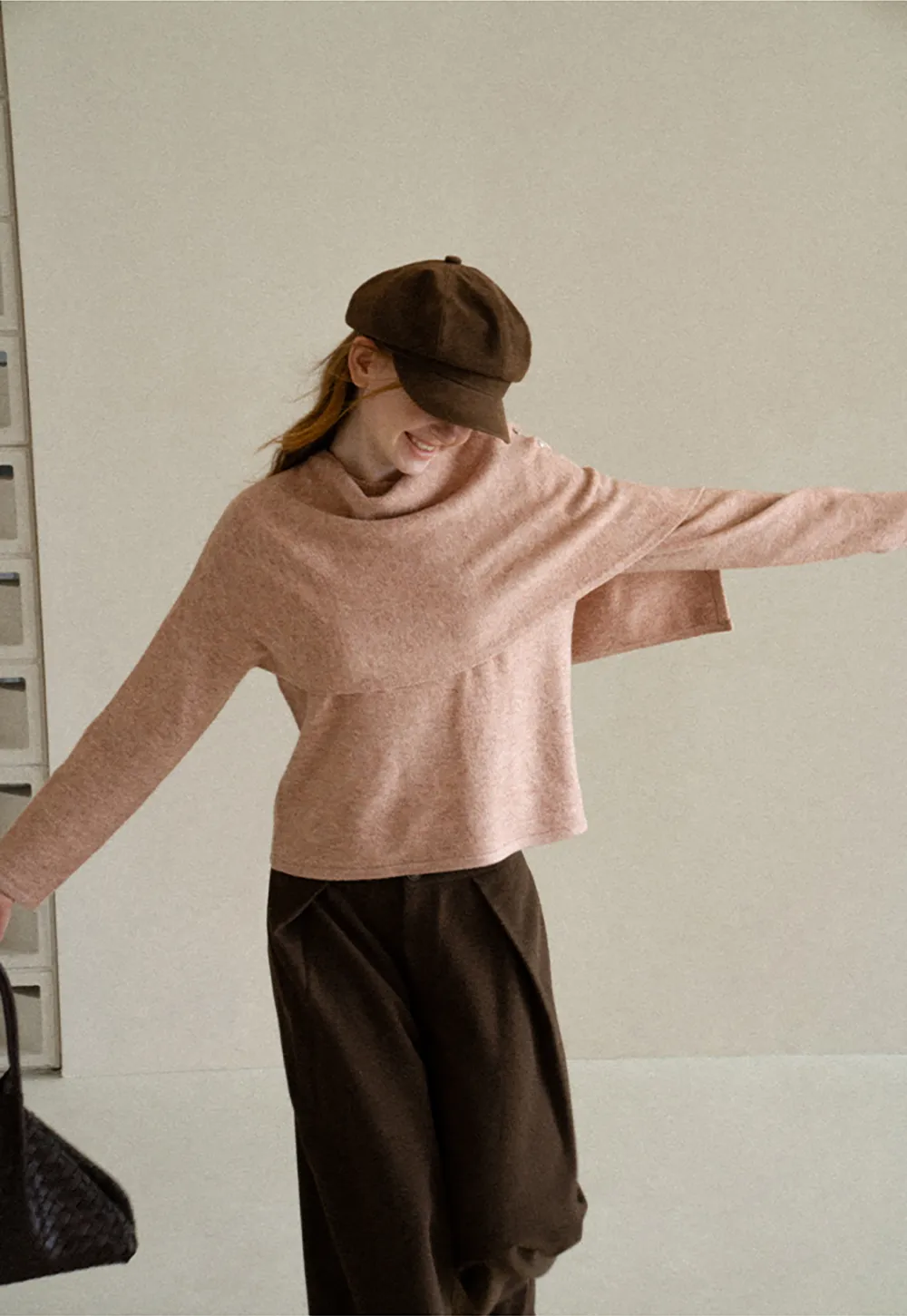 Asymmetrical Draped Cowl Neck Knit Sweater
