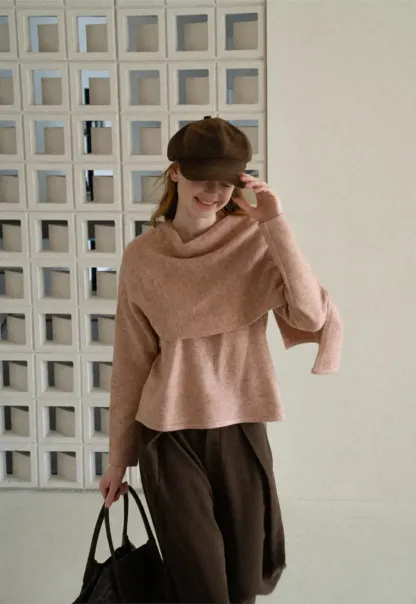 Asymmetrical Draped Cowl Neck Knit Sweater