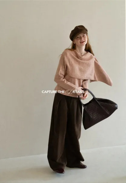 Asymmetrical Draped Cowl Neck Knit Sweater