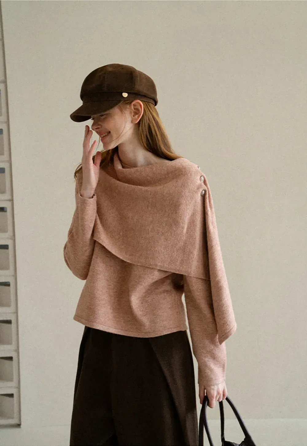 Asymmetrical Draped Cowl Neck Knit Sweater