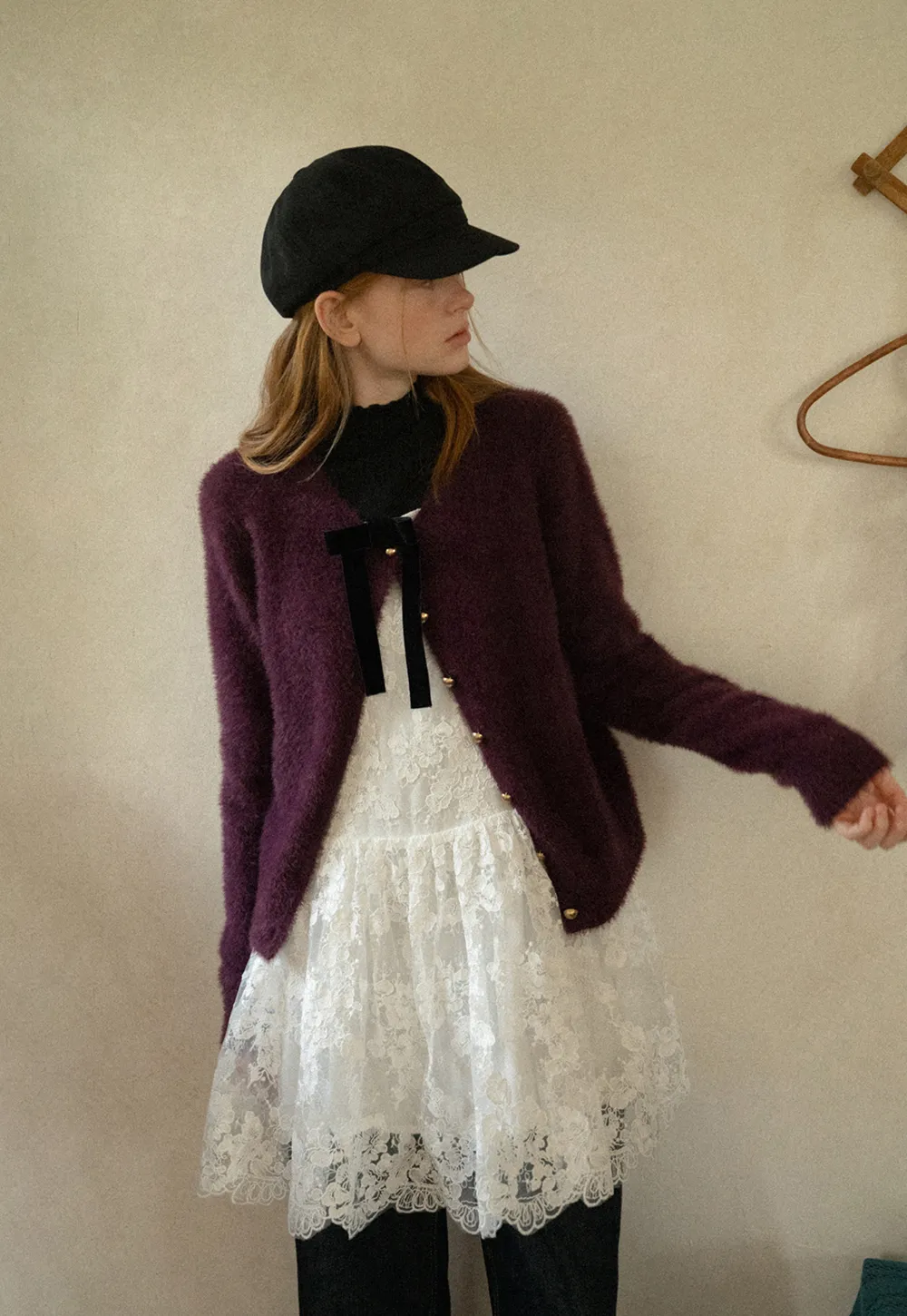 Fluffy Mohair Cardigan with Velvet Bow and Gold Buttons