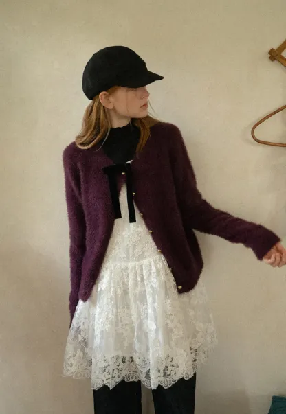 Fluffy Mohair Cardigan with Velvet Bow and Gold Buttons