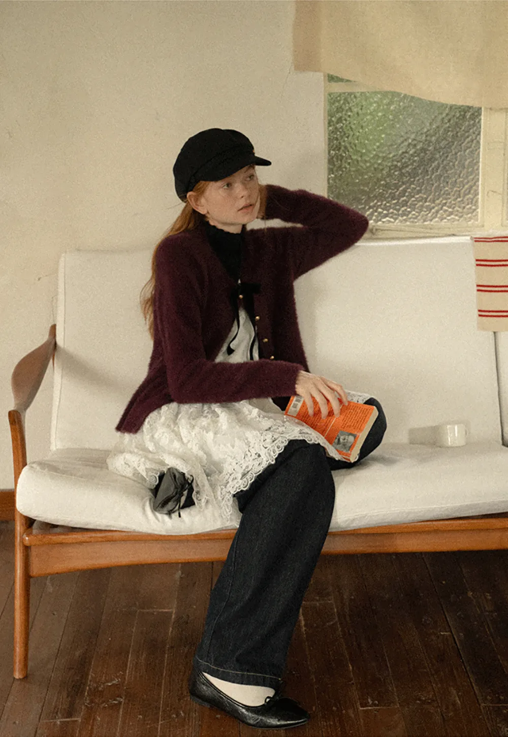 Fluffy Mohair Cardigan with Velvet Bow and Gold Buttons