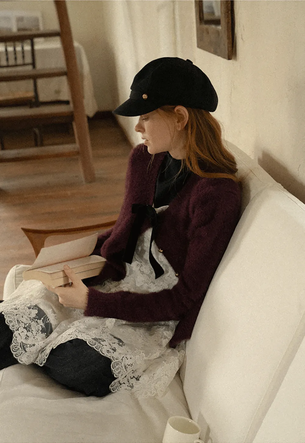 Fluffy Mohair Cardigan with Velvet Bow and Gold Buttons