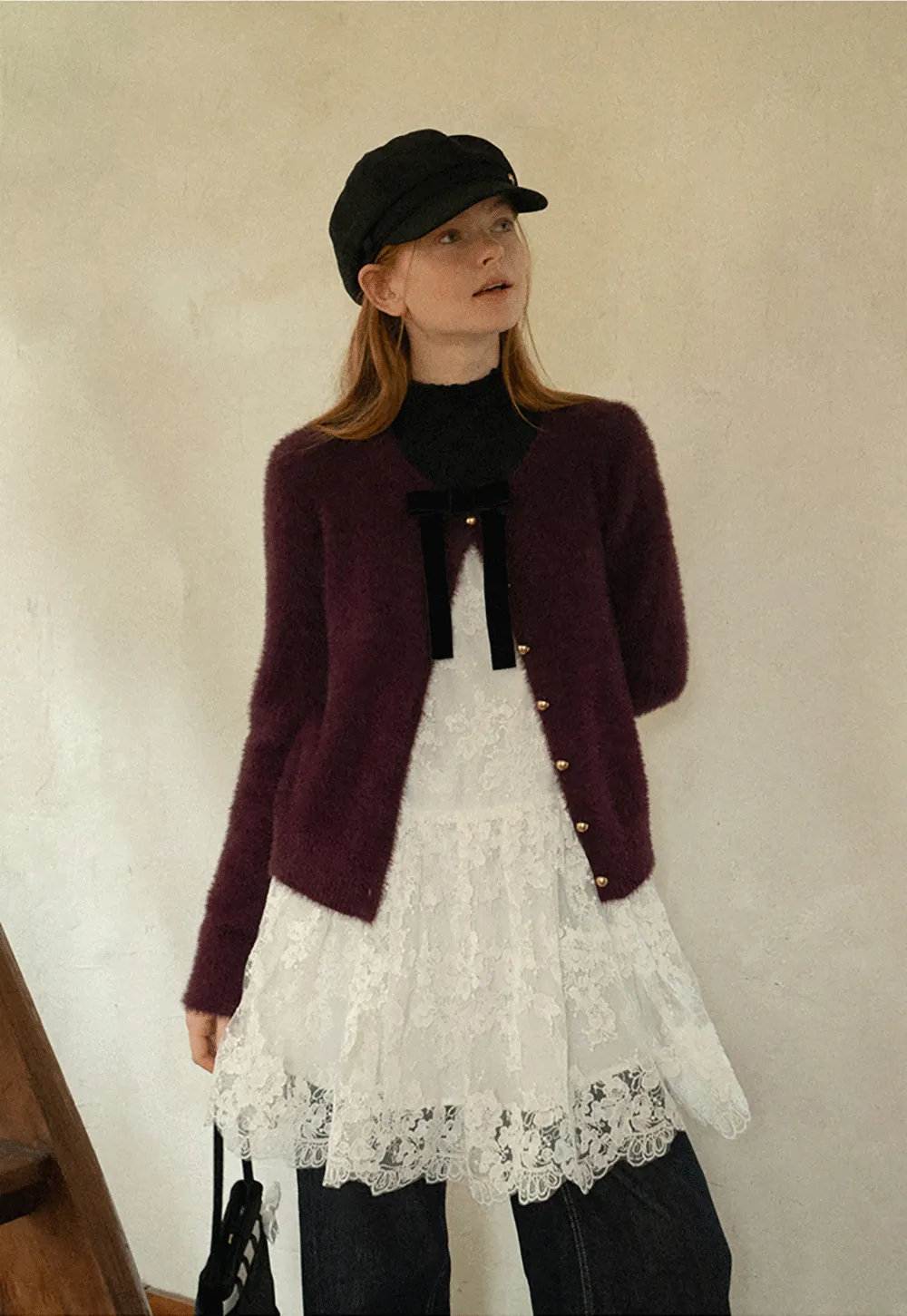 Fluffy Mohair Cardigan with Velvet Bow and Gold Buttons