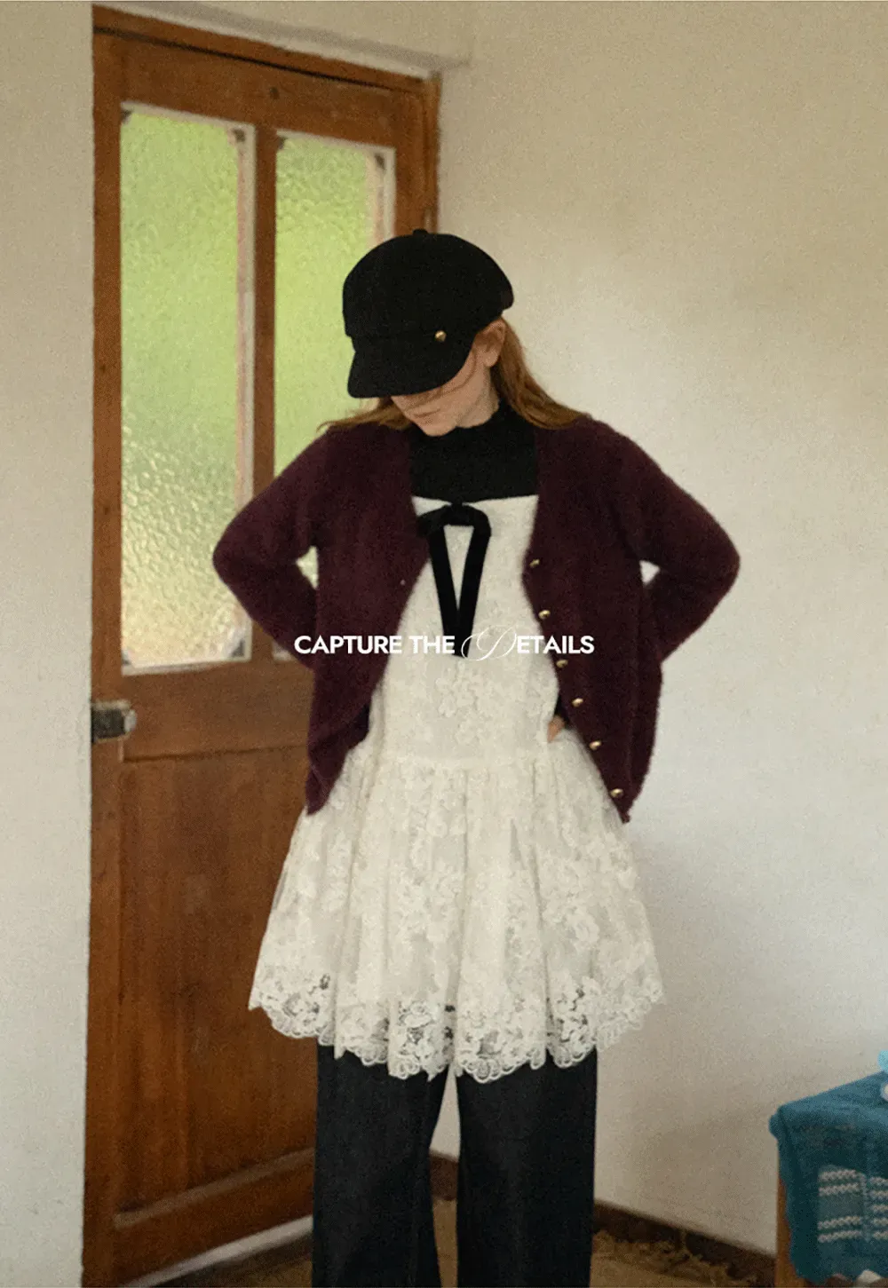 Fluffy Mohair Cardigan with Velvet Bow and Gold Buttons