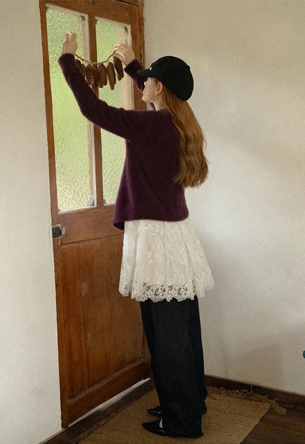 Fluffy Mohair Cardigan with Velvet Bow and Gold Buttons