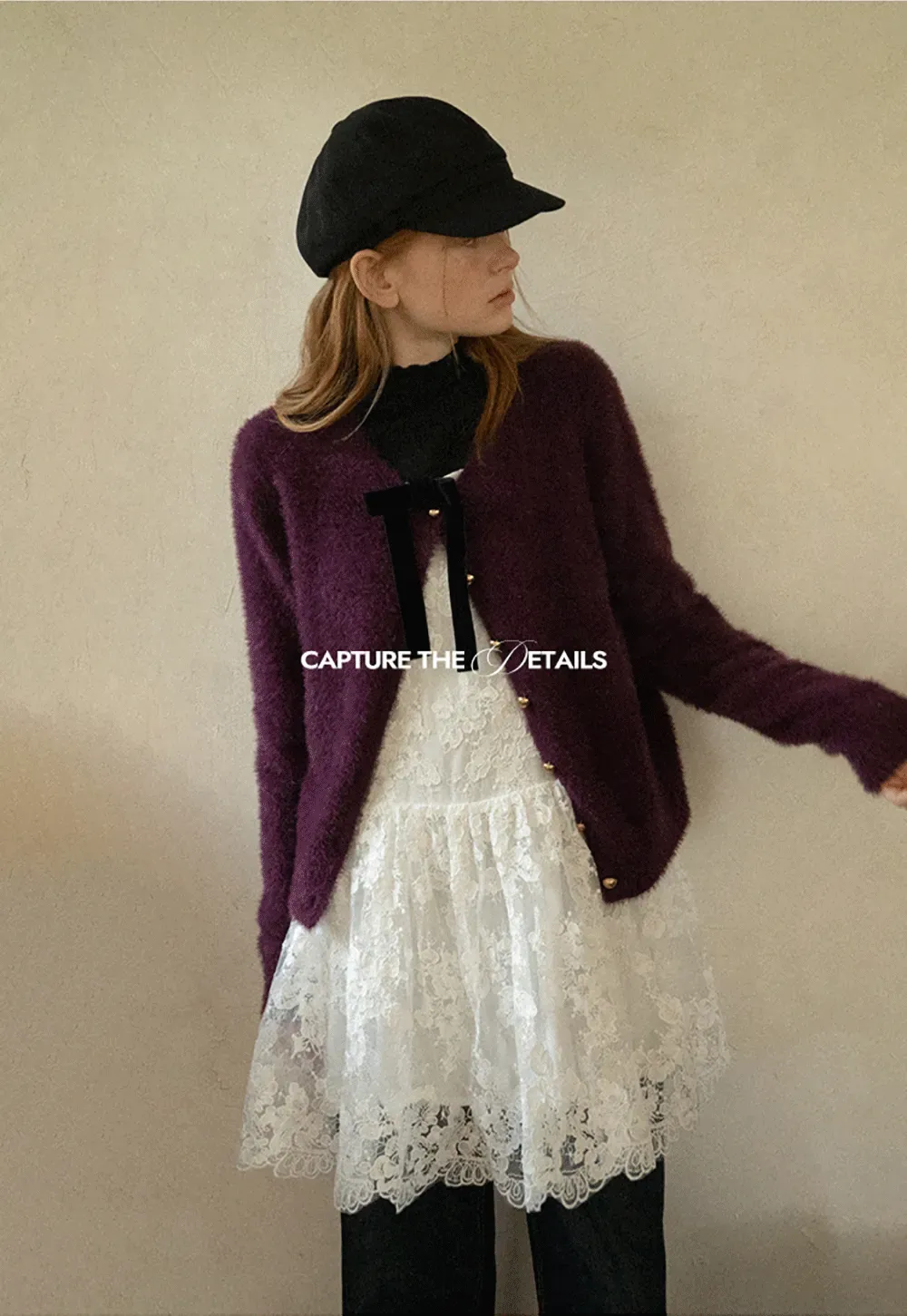 Fluffy Mohair Cardigan with Velvet Bow and Gold Buttons
