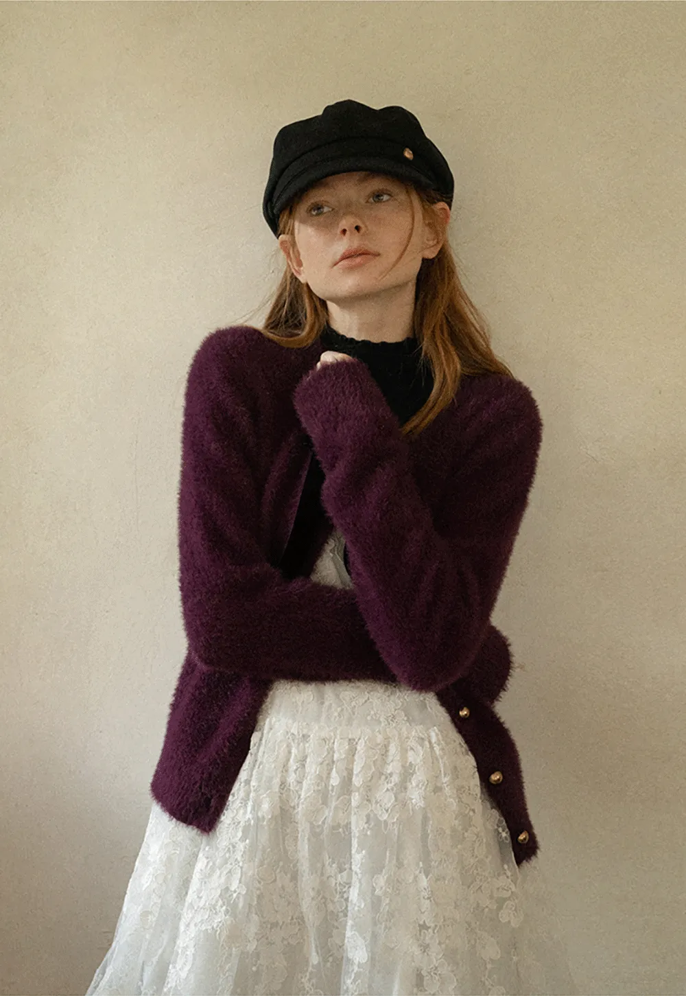 Fluffy Mohair Cardigan with Velvet Bow and Gold Buttons
