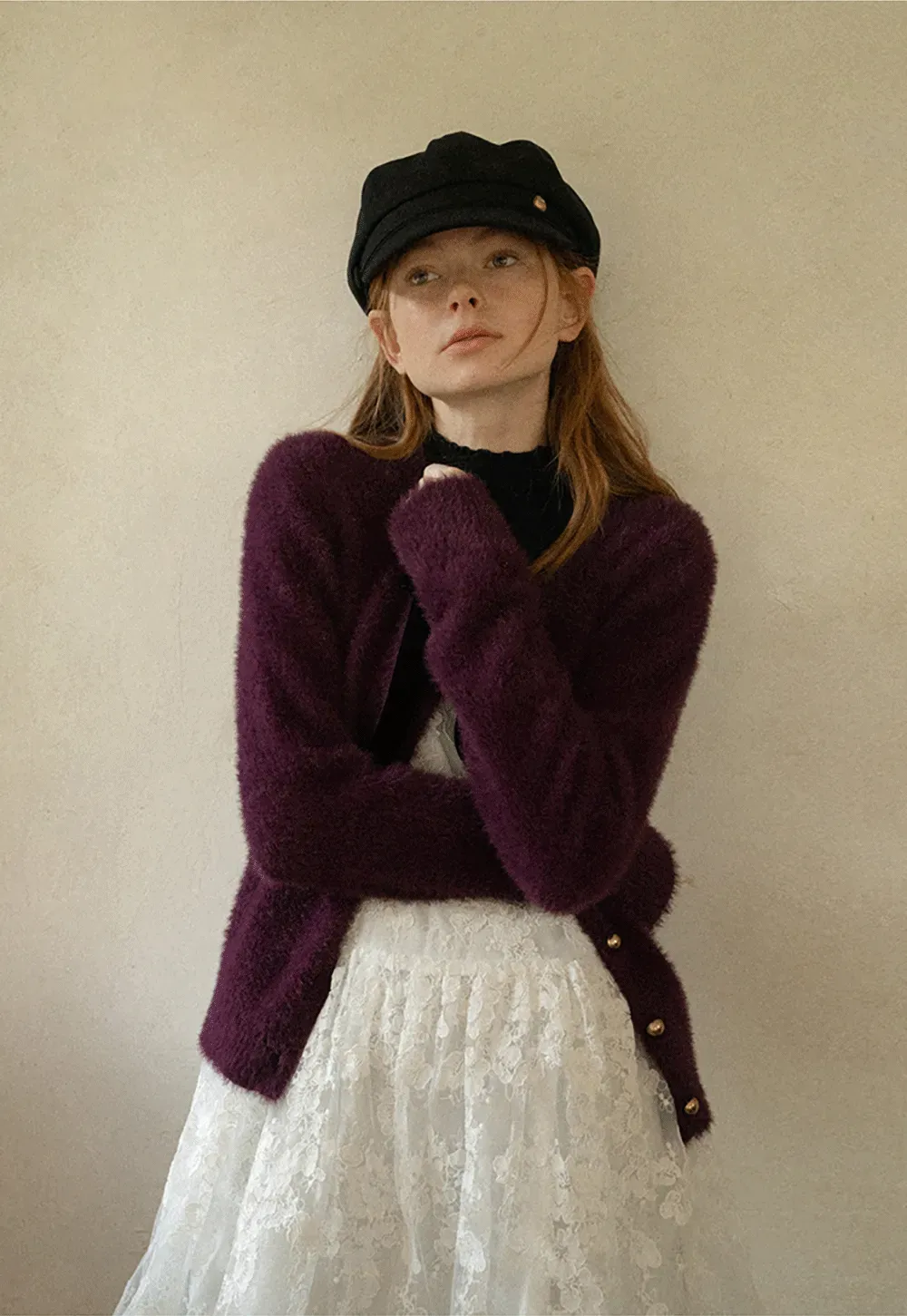 Fluffy Mohair Cardigan with Velvet Bow and Gold Buttons