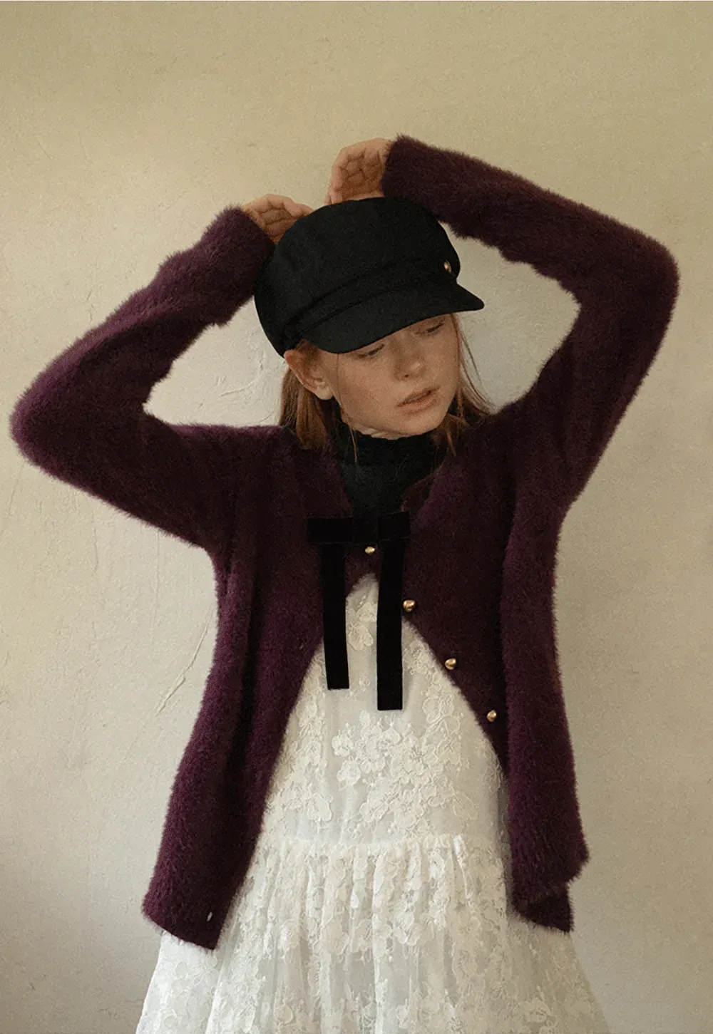Fluffy Mohair Cardigan with Velvet Bow and Gold Buttons