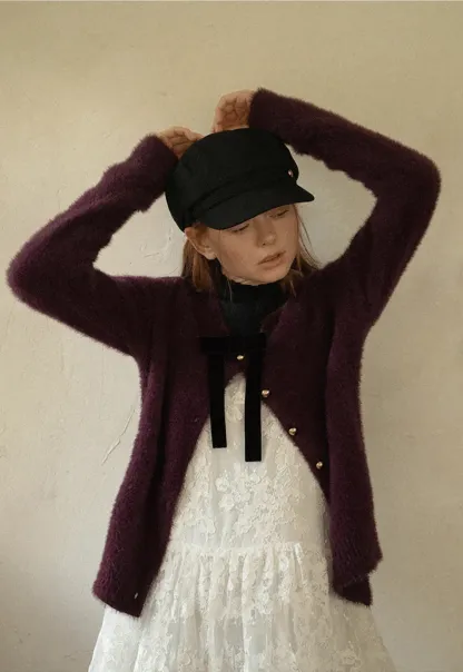 Fluffy Mohair Cardigan with Velvet Bow and Gold Buttons