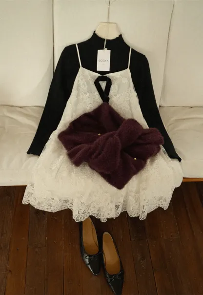 Fluffy Mohair Cardigan with Velvet Bow and Gold Buttons