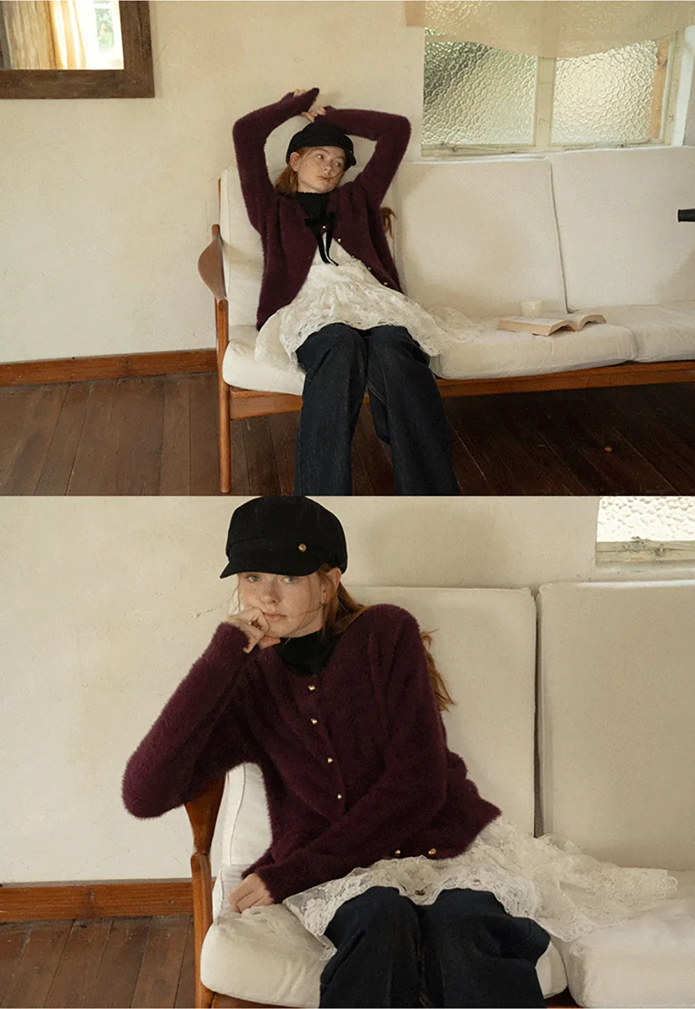 Fluffy Mohair Cardigan with Velvet Bow and Gold Buttons