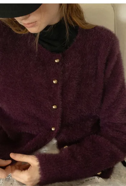 Fluffy Mohair Cardigan with Velvet Bow and Gold Buttons