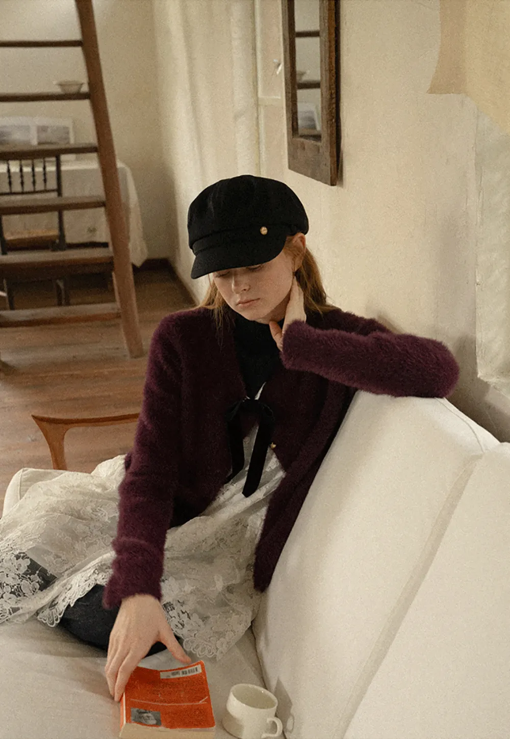 Fluffy Mohair Cardigan with Velvet Bow and Gold Buttons