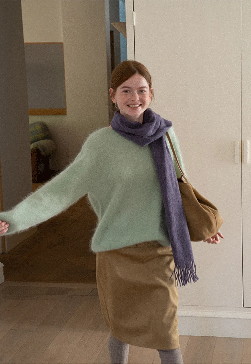 Soft Mohair Blend Crew Neck Long Sleeve Sweater