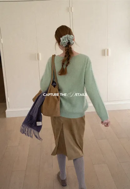 Soft Mohair Blend Crew Neck Long Sleeve Sweater