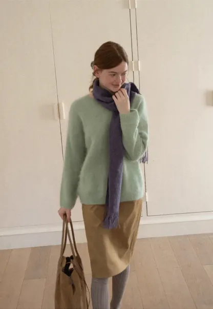 Soft Mohair Blend Crew Neck Long Sleeve Sweater