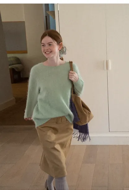 Soft Mohair Blend Crew Neck Long Sleeve Sweater
