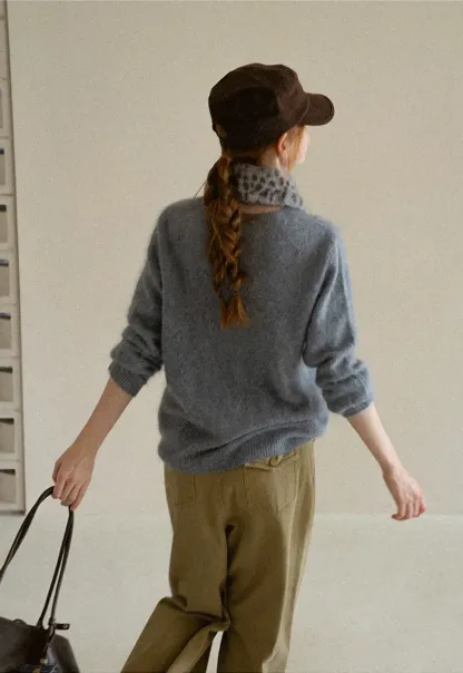 Soft Mohair Blend Crew Neck Long Sleeve Sweater