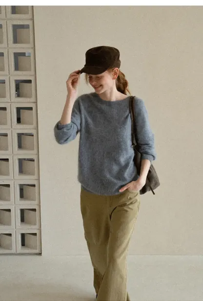 Soft Mohair Blend Crew Neck Long Sleeve Sweater