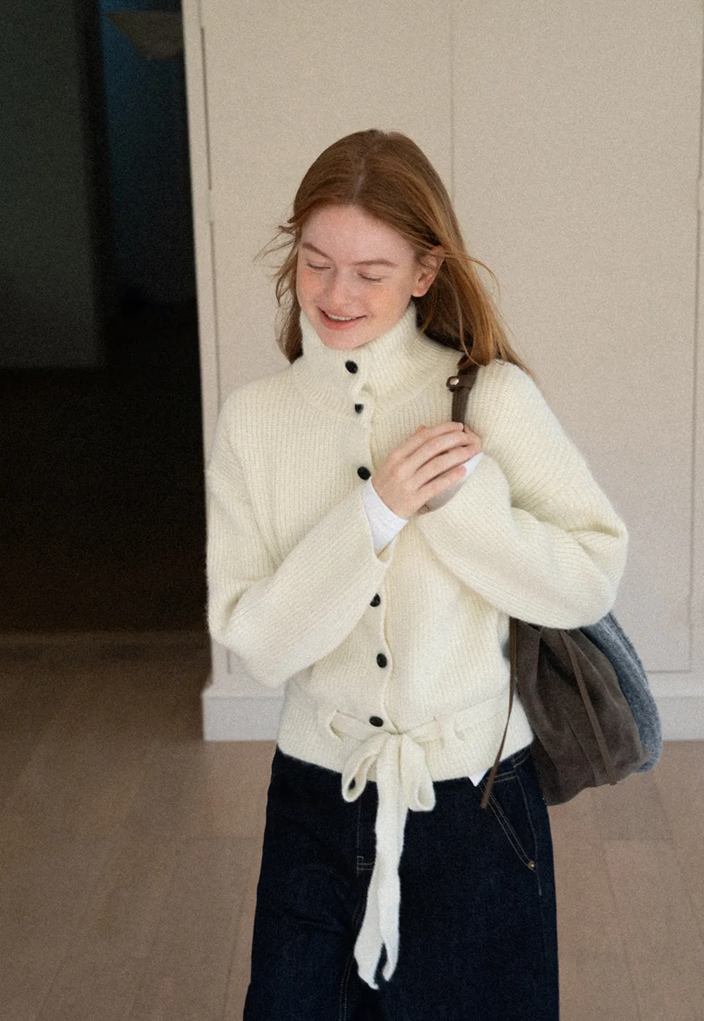 High Neck Ribbed Knit Cardigan with Button Front and Tie Waist