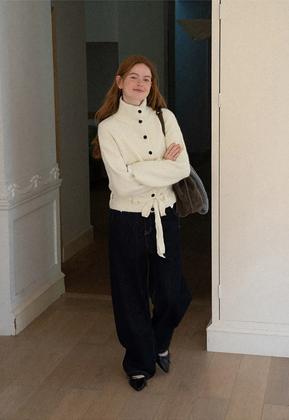 High Neck Ribbed Knit Cardigan with Button Front and Tie Waist